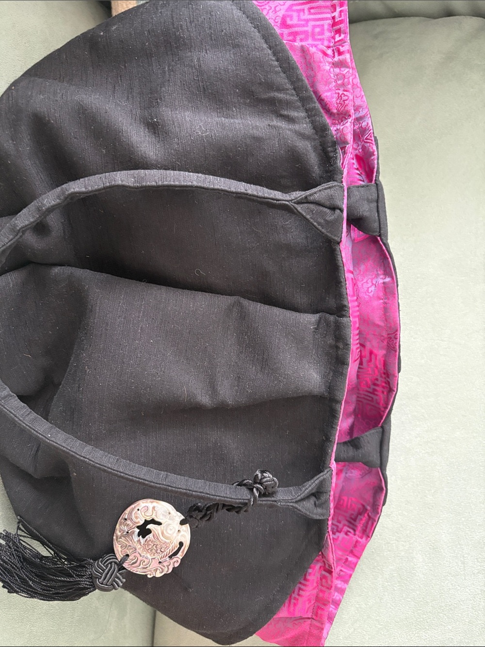 Vintage Style Asian Black Shoulder Bag with Fuchsia Lining and Decorative Toggle